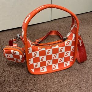 Orange and white logo crossbody bag